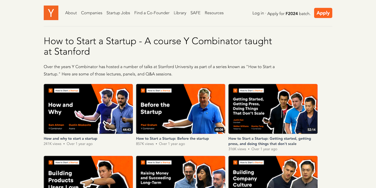 Webpage of How to Start a Startup by Y Combinator