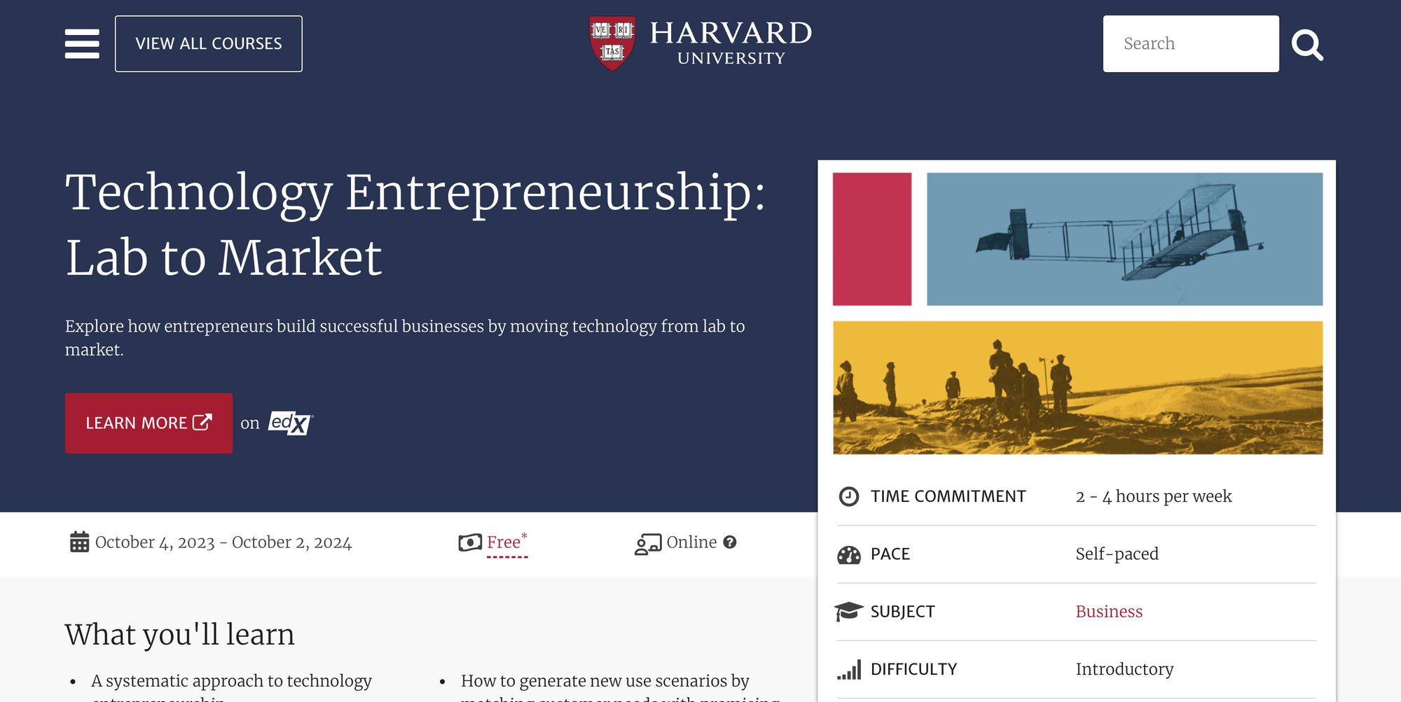 Webpage of Technology Entrepreneurship: Lab to Market by Harvard Business School